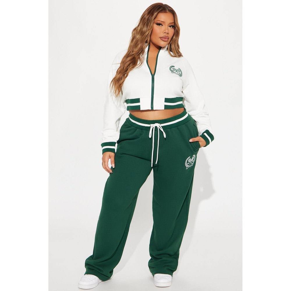 Fashion Nova Women 2X Tennis Club Tracksuit Set Green White Cropped Jacket Pants
